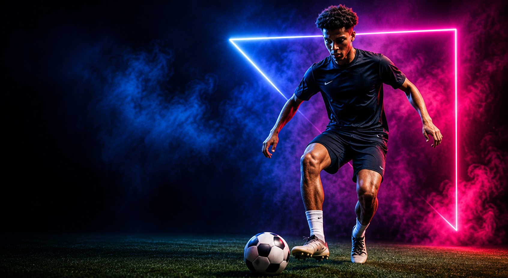 Footballer dribbling through a neon light frame