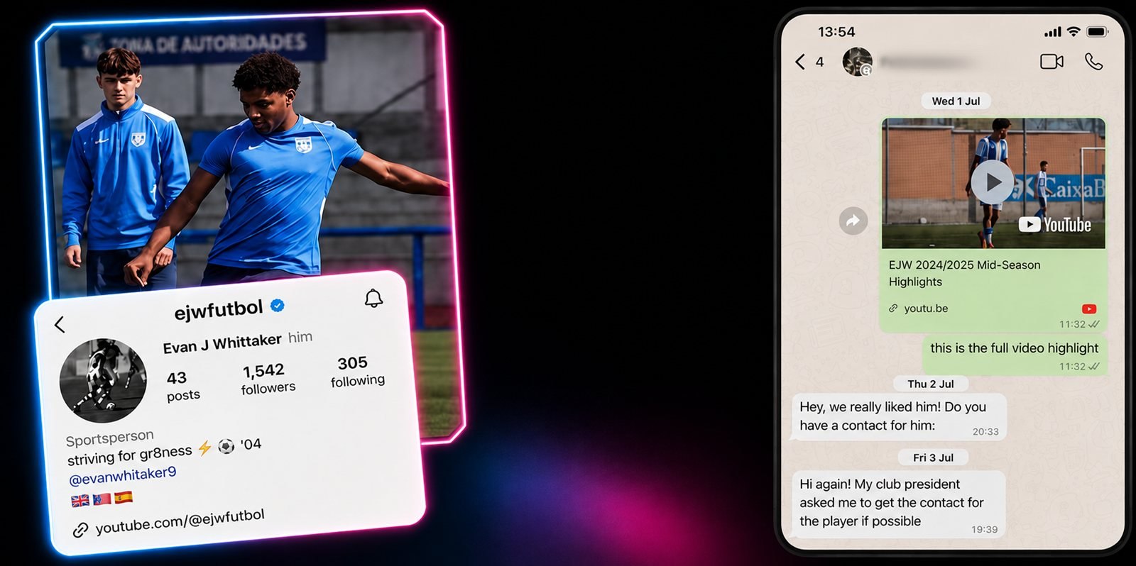 Evan Whittaker — Instagram profile and a WhatsApp message from a club showing interest